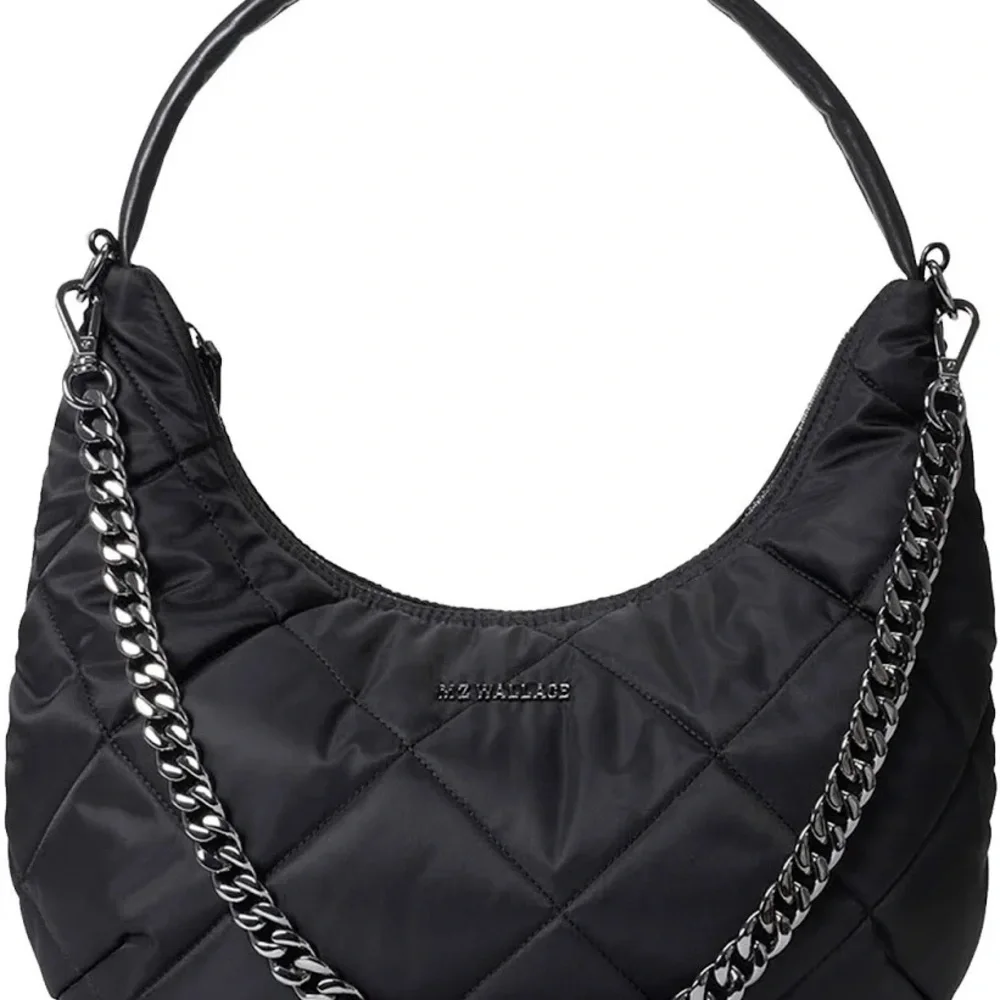 MZ Wallace Quilted Black Nylon Hobo with Silver Chain Accent